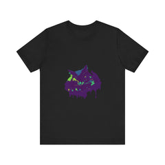 A black cat mystery t-shirt featuring colorful paint splatters and vibrant hues