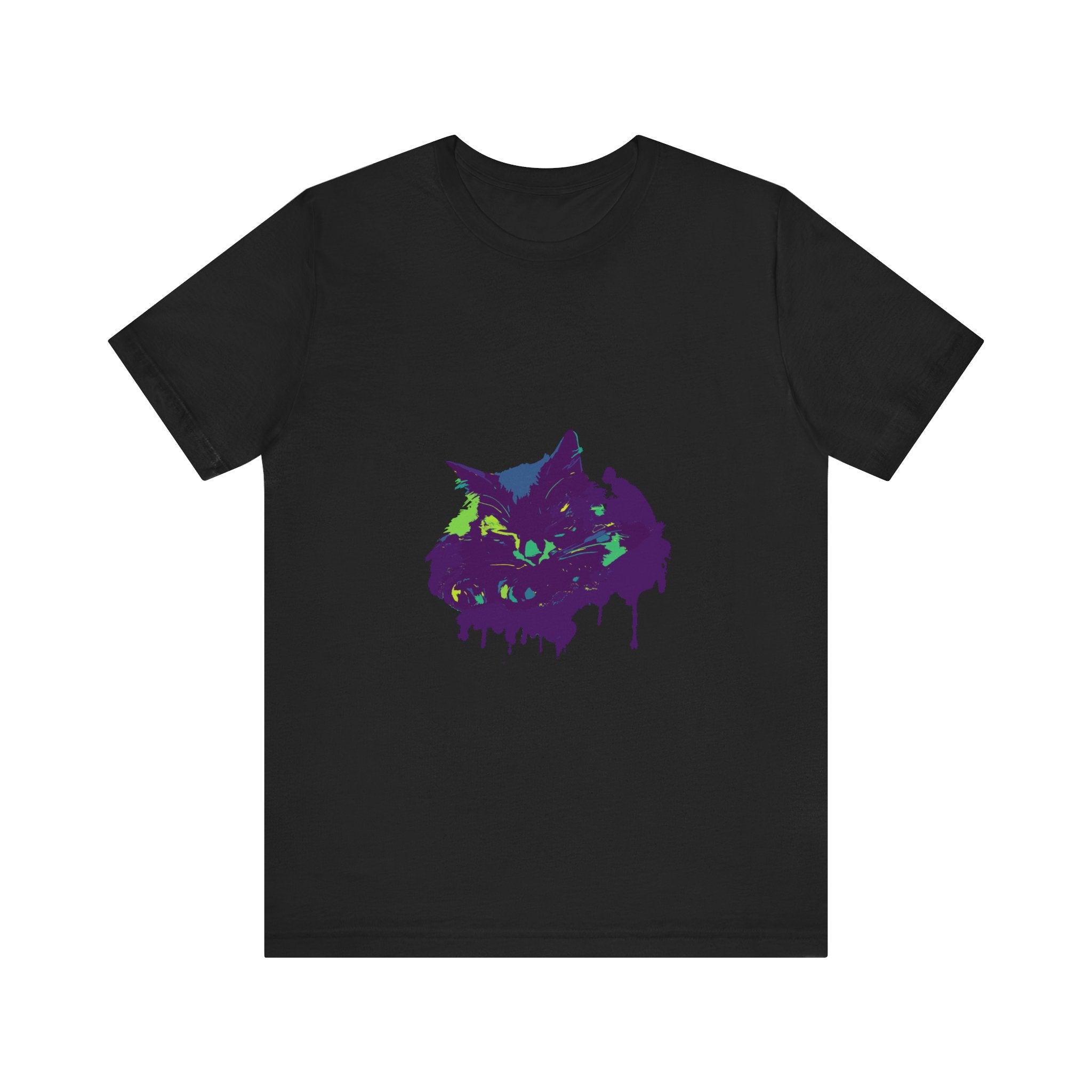 A black cat mystery t-shirt featuring colorful paint splatters and vibrant hues