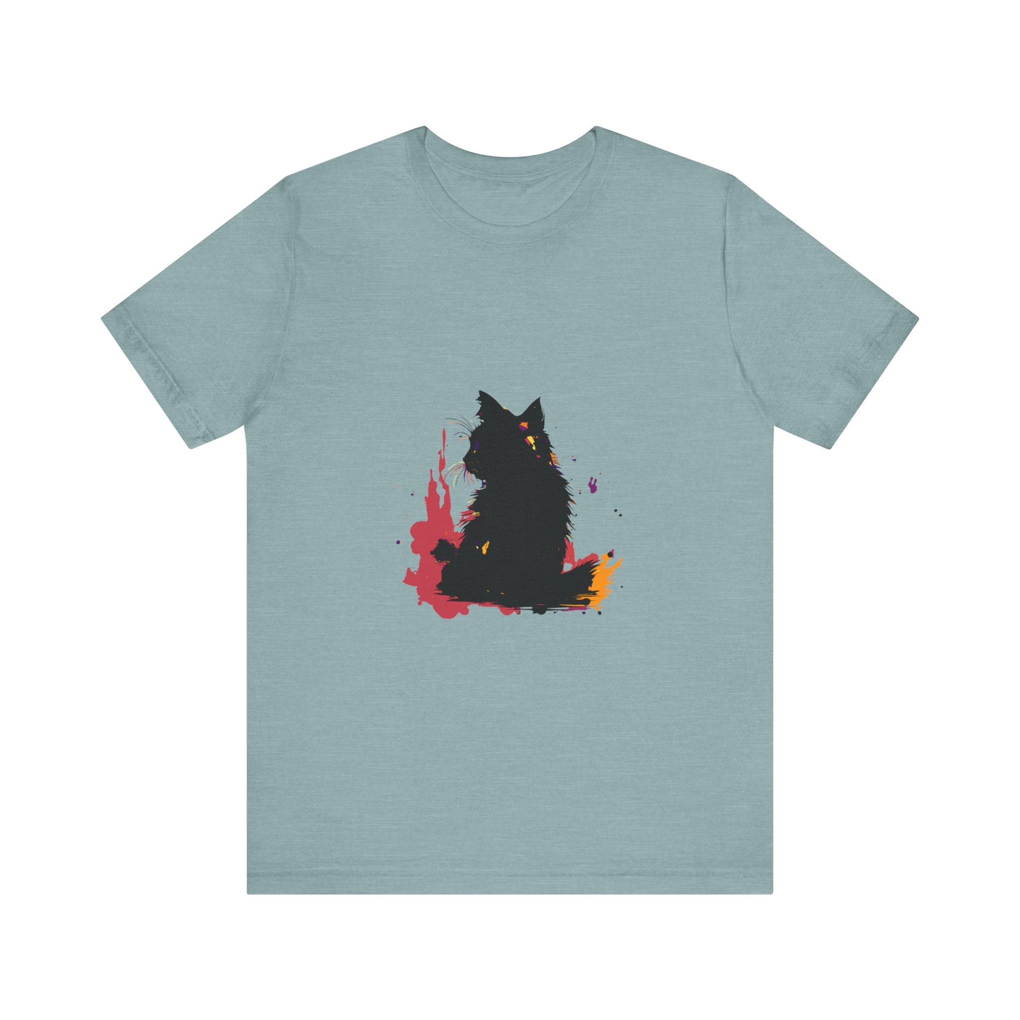 Black Cat Mystery T-Shirt featuring colorful splatter art on a black background
