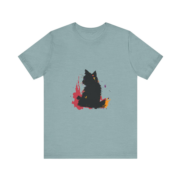 Black Cat Mystery T-Shirt featuring colorful splatter art on a black background