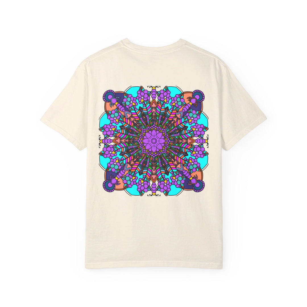 Unisex Mandala T-Shirt, made from 100% ring-spun cotton with hand-drawn mandala art, garment-dyed for extra comfort, available in various sizes and colors