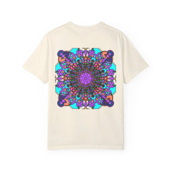 Unisex Mandala T-Shirt, made from 100% ring-spun cotton with hand-drawn mandala art, garment-dyed for extra comfort, available in various sizes and colors