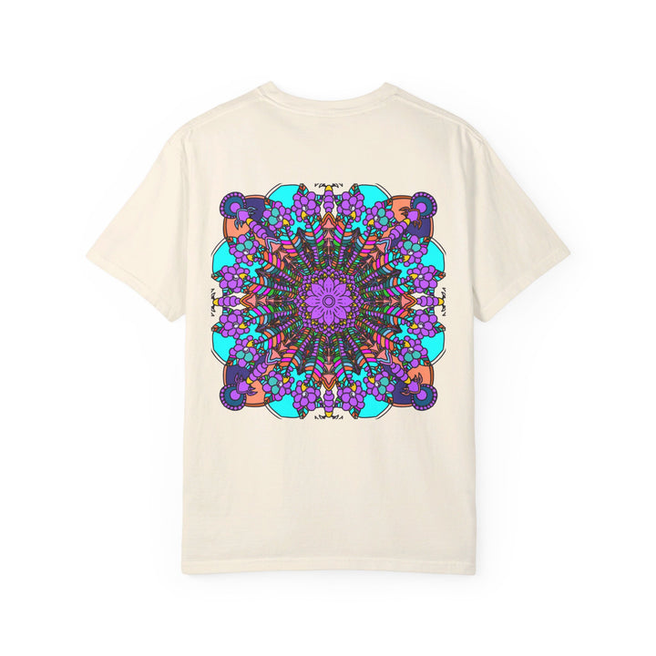 Unisex Mandala T-Shirt, made from 100% ring-spun cotton with hand-drawn mandala art, garment-dyed for extra comfort, available in various sizes and colors