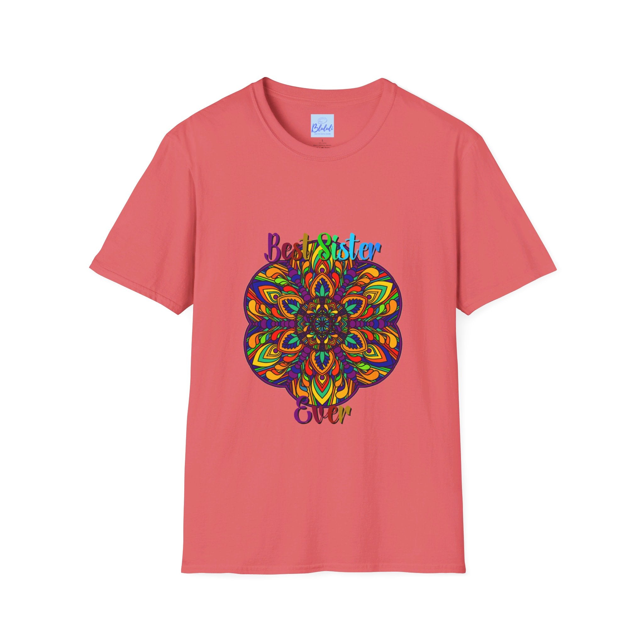 Colorful mandala art gift for sister with hand-drawn design on softstyle unisex t-shirt