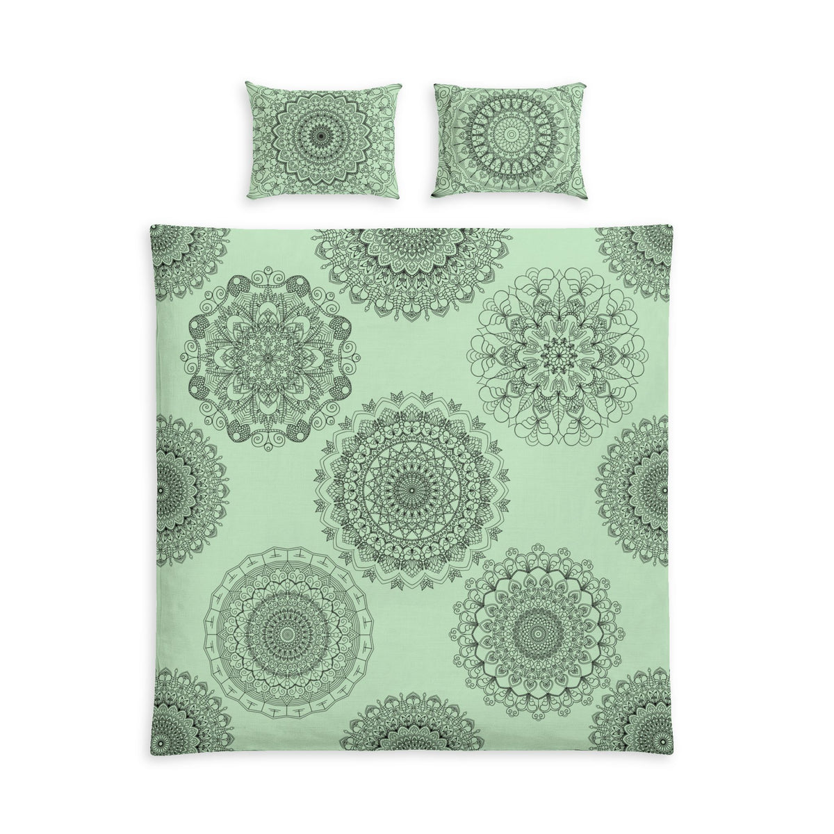 Mandala Cotton Bed Set - Mint Green Hand-Drawn Mandala Duvet Cover & Pillowcases