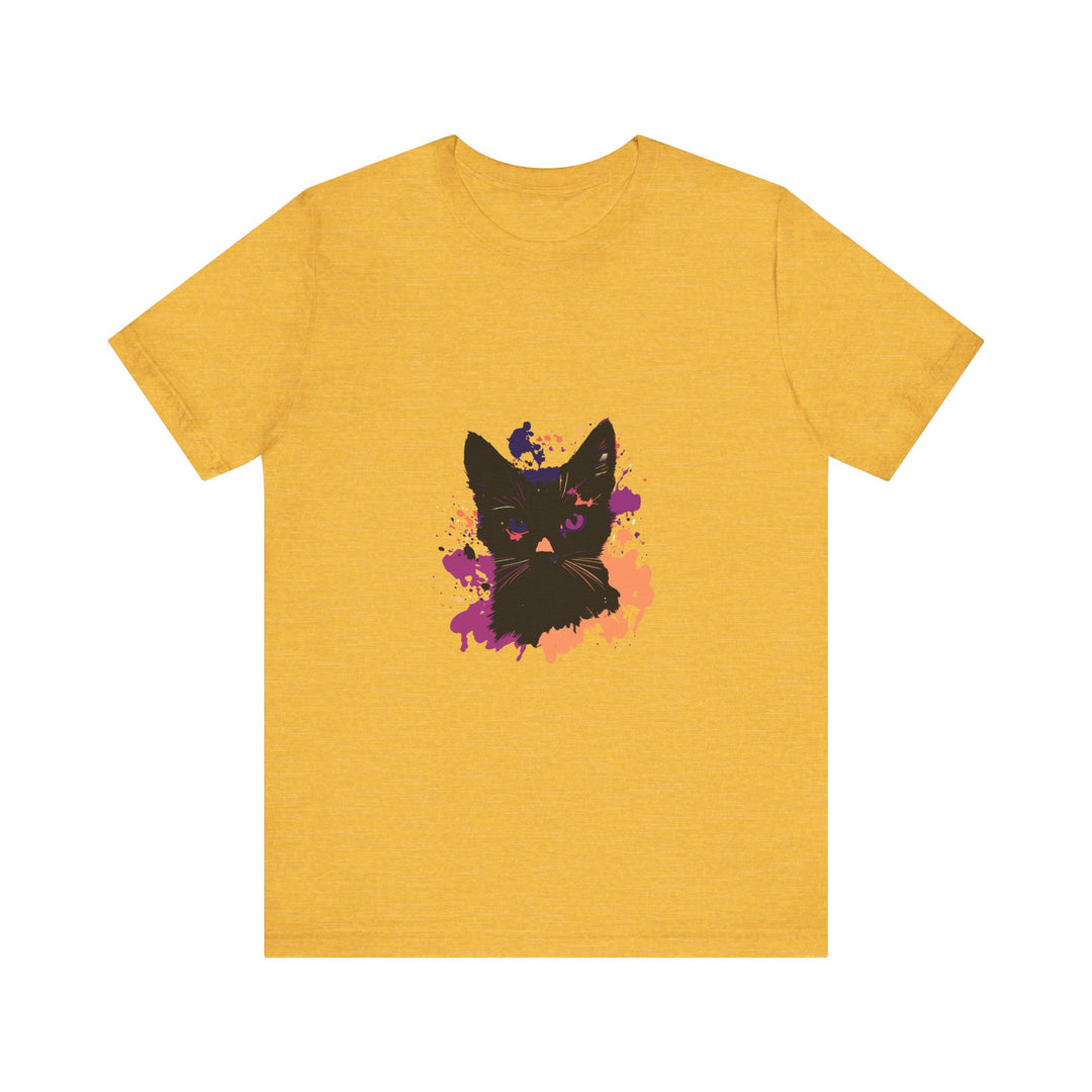 Graphic black cat mystery t-shirt with purple eyes design on front