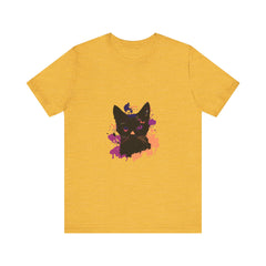 Graphic black cat mystery t-shirt with purple eyes design on front