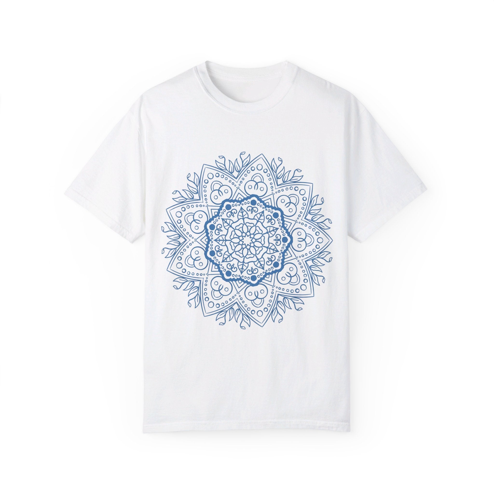 Handmade unisex mandala t-shirt with hand-drawn mandala art design, garment-dyed for unique, vibrant colors