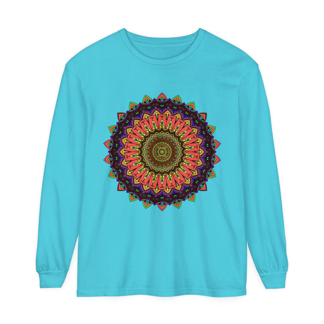 Intricate Mandala Long Sleeve T-Shirt with Colorful Design on Black Background