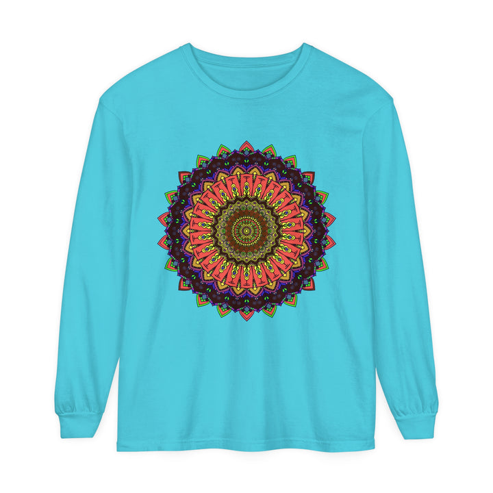 Intricate Mandala Long Sleeve T-Shirt with Colorful Design on Black Background