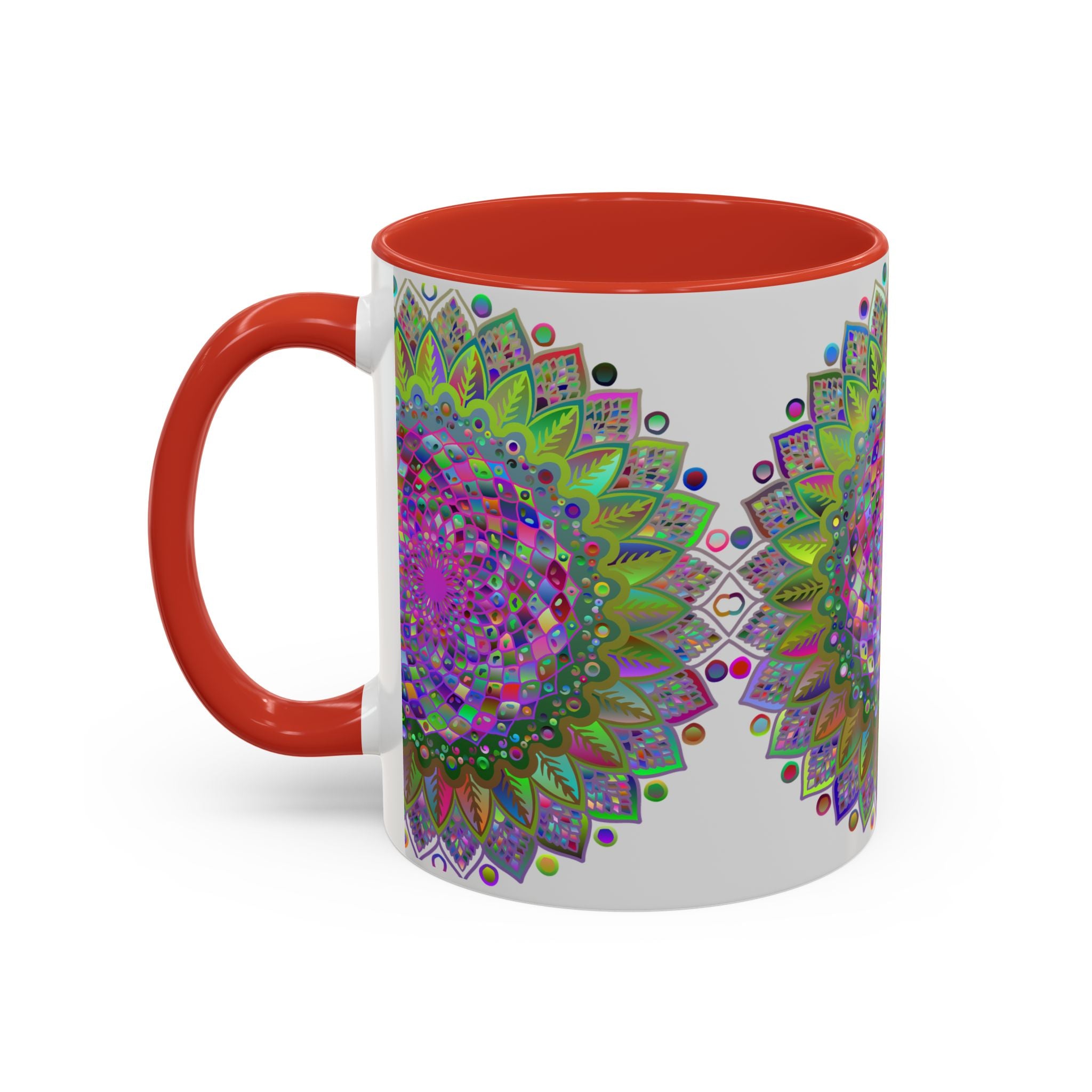 Colorful and intricate psychedelic mandala design on a grey ceramic mug