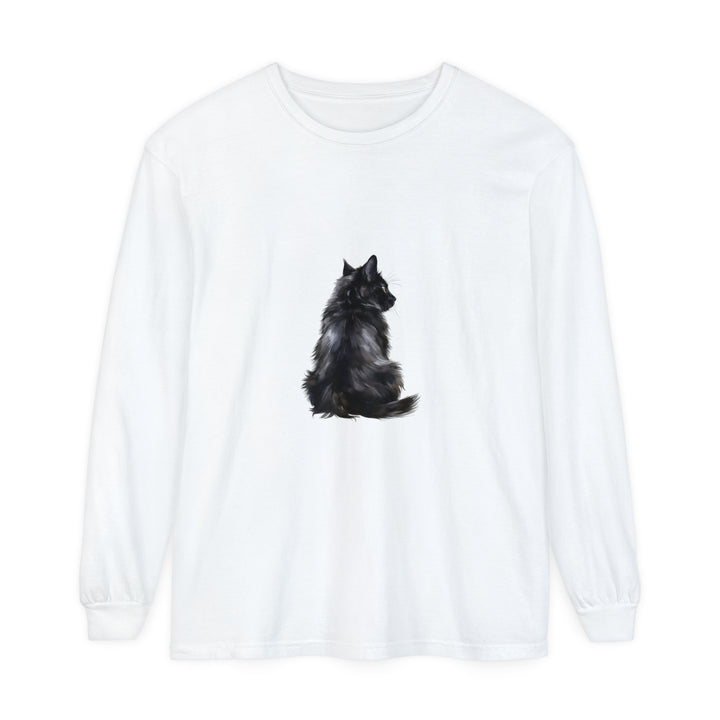 Black Cat Mystique Long Sleeve T-Shirt - a stylish, comfortable black shirt featuring a mysterious cat design on the front