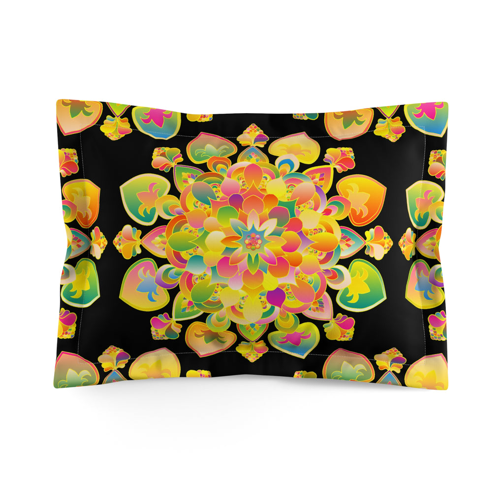 Kissenbezug – Leuchtendes Regenbogen-Blumenmandala auf Schwarz