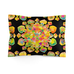 Kissenbezug – Leuchtendes Regenbogen-Blumenmandala auf Schwarz