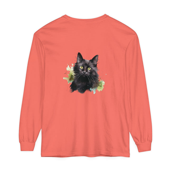 Black Cat Watercolor Splash Long Sleeve T-Shirt with vibrant and artistic feline design