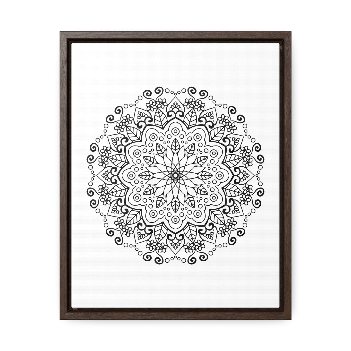 Handmade black and white mandala art on gallery canvas wraps, displayed in a vertical frame for wall decor