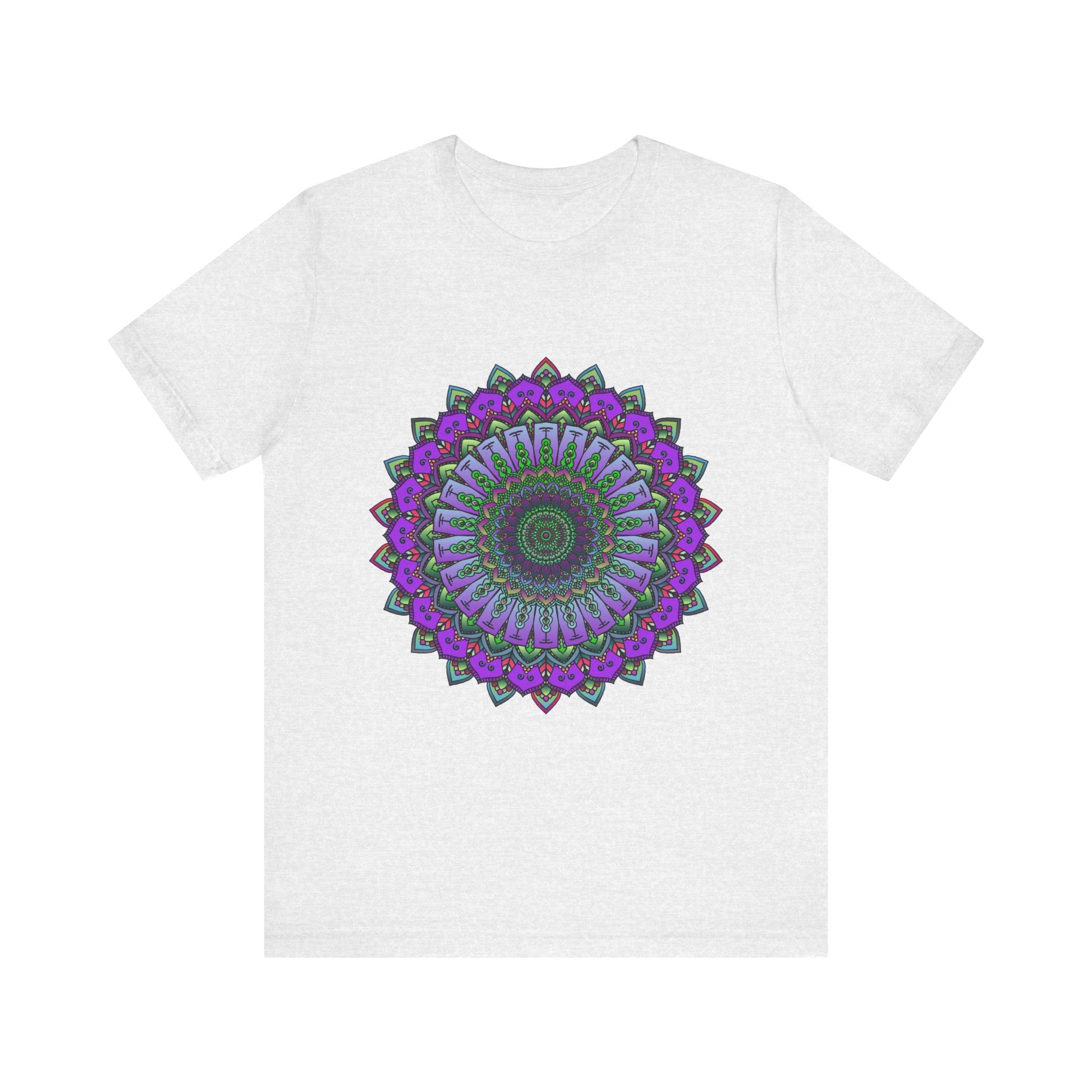 A close-up image of a purple and green mandala tee, featuring an intricate and detailed design with floral and geometric patterns