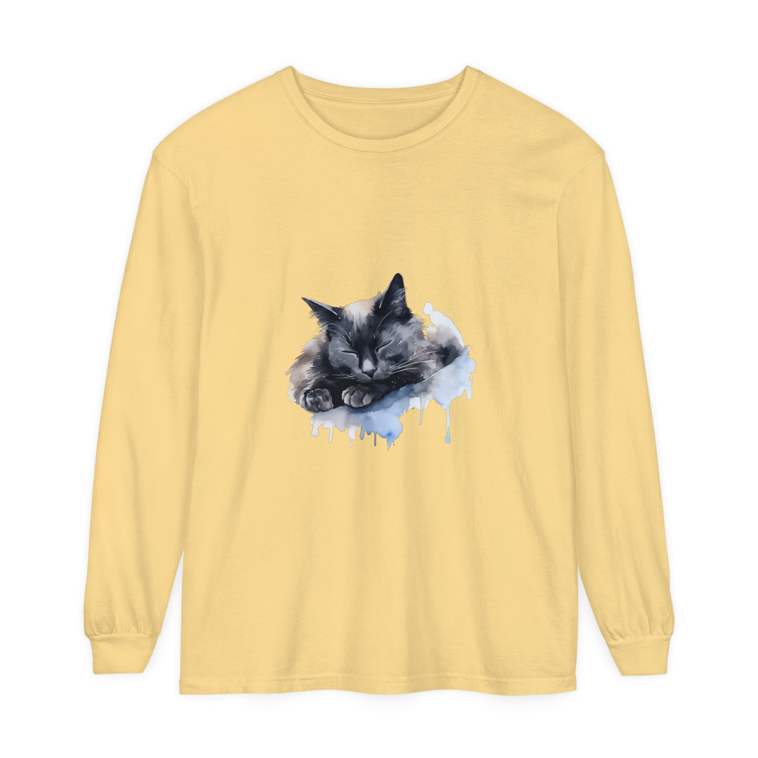 A beautiful watercolor illustration of a sleeping cat on a soft, comfortable T-shirt