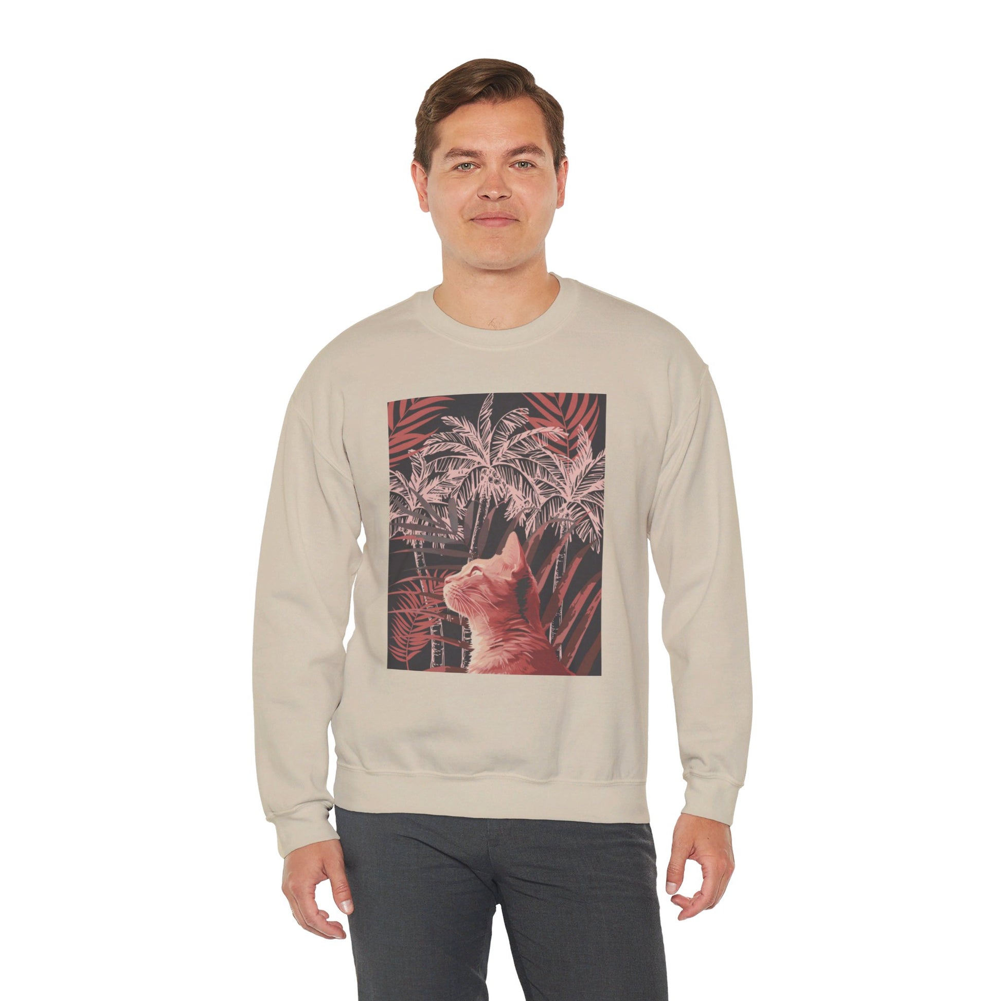 A cozy unisex heavy blend crewneck sweatshirt featuring a cat lounging under palm trees