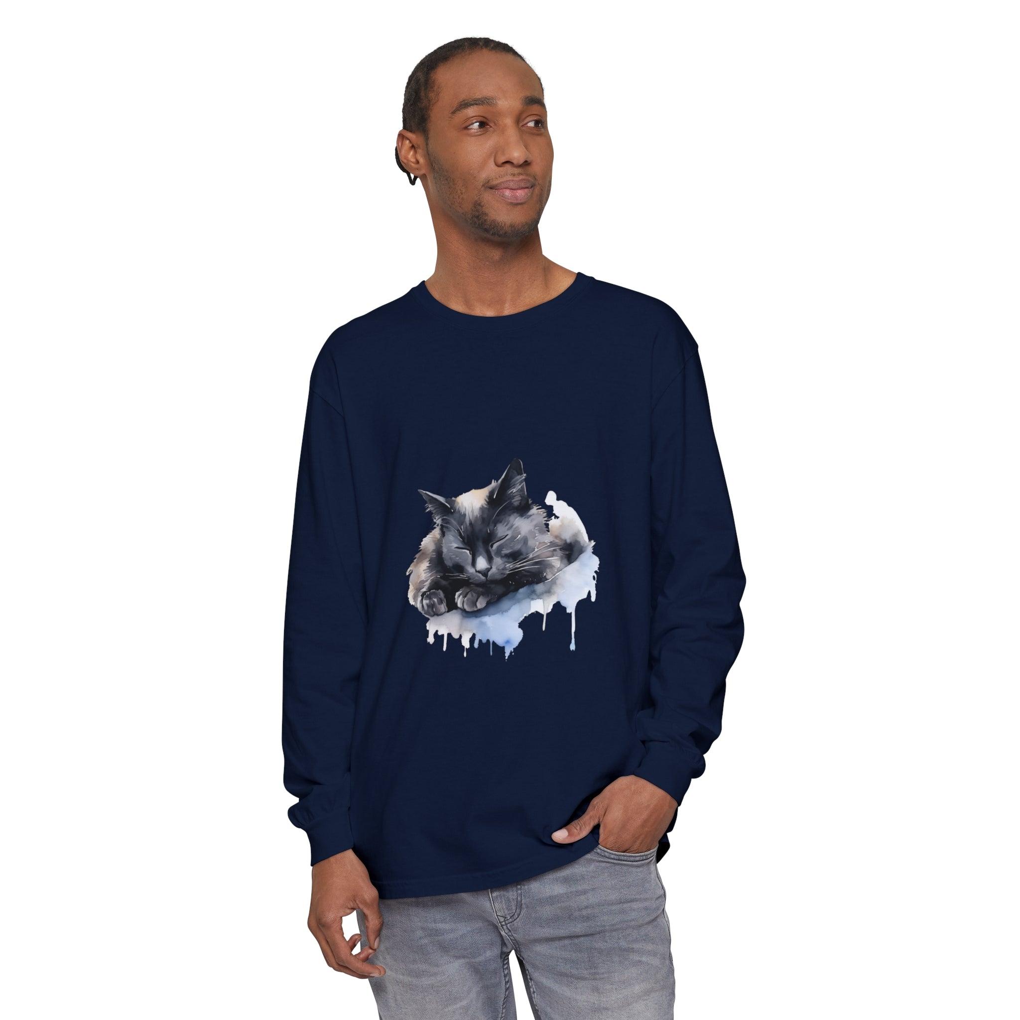 A beautifully detailed watercolor illustration of a sleeping cat on a comfortable t-shirt