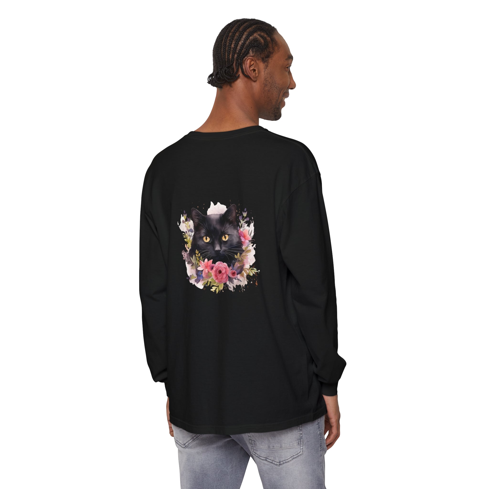 Black Cat Floral Watercolor Long Sleeve T-Shirt with vibrant, hand-painted design