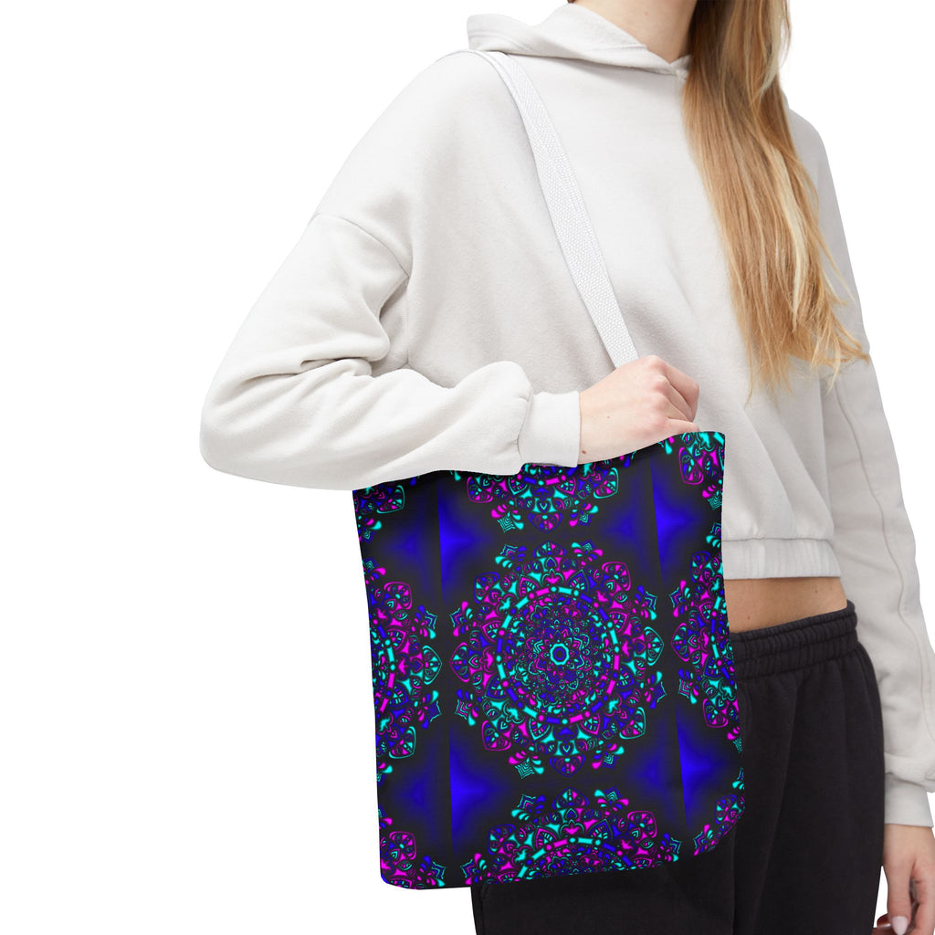 Kaleidoscope Mandala Tote Bag — Vibrant Neon Floral Pattern