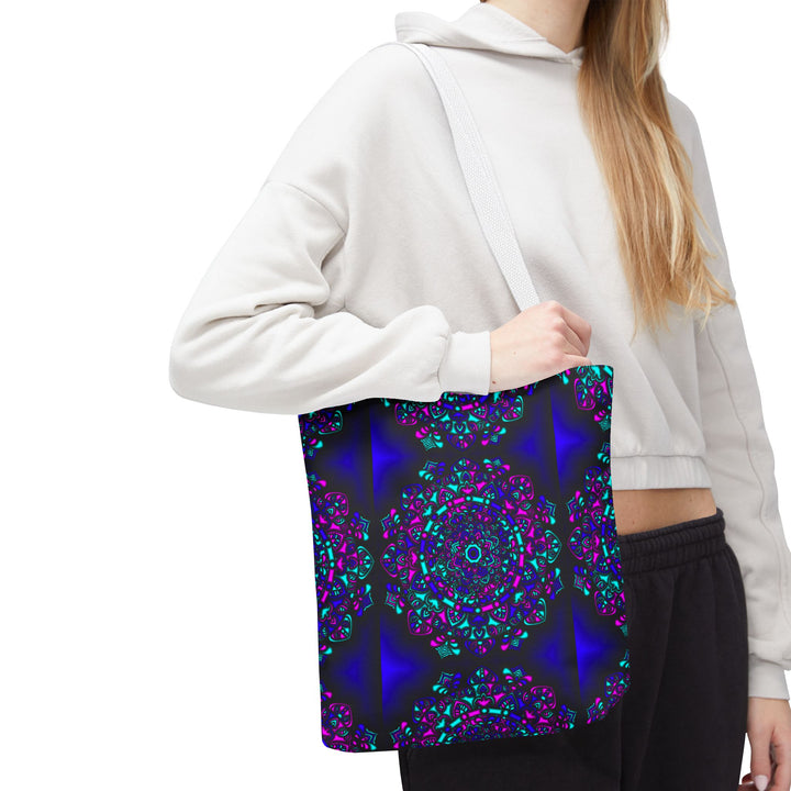 Kaleidoscope Mandala Tote Bag — Vibrant Neon Floral Pattern
