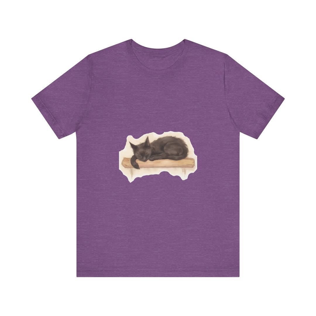 A watercolor illustration of a black cat sleeping peacefully on a t-shirt