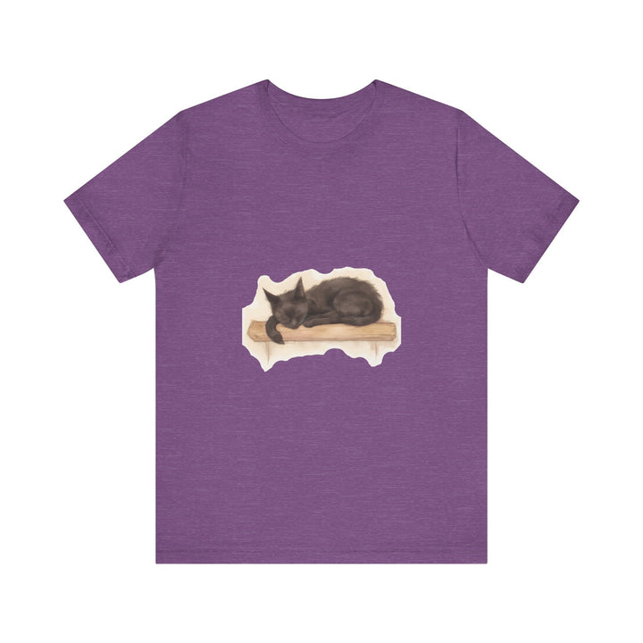 A watercolor illustration of a black cat sleeping peacefully on a t-shirt