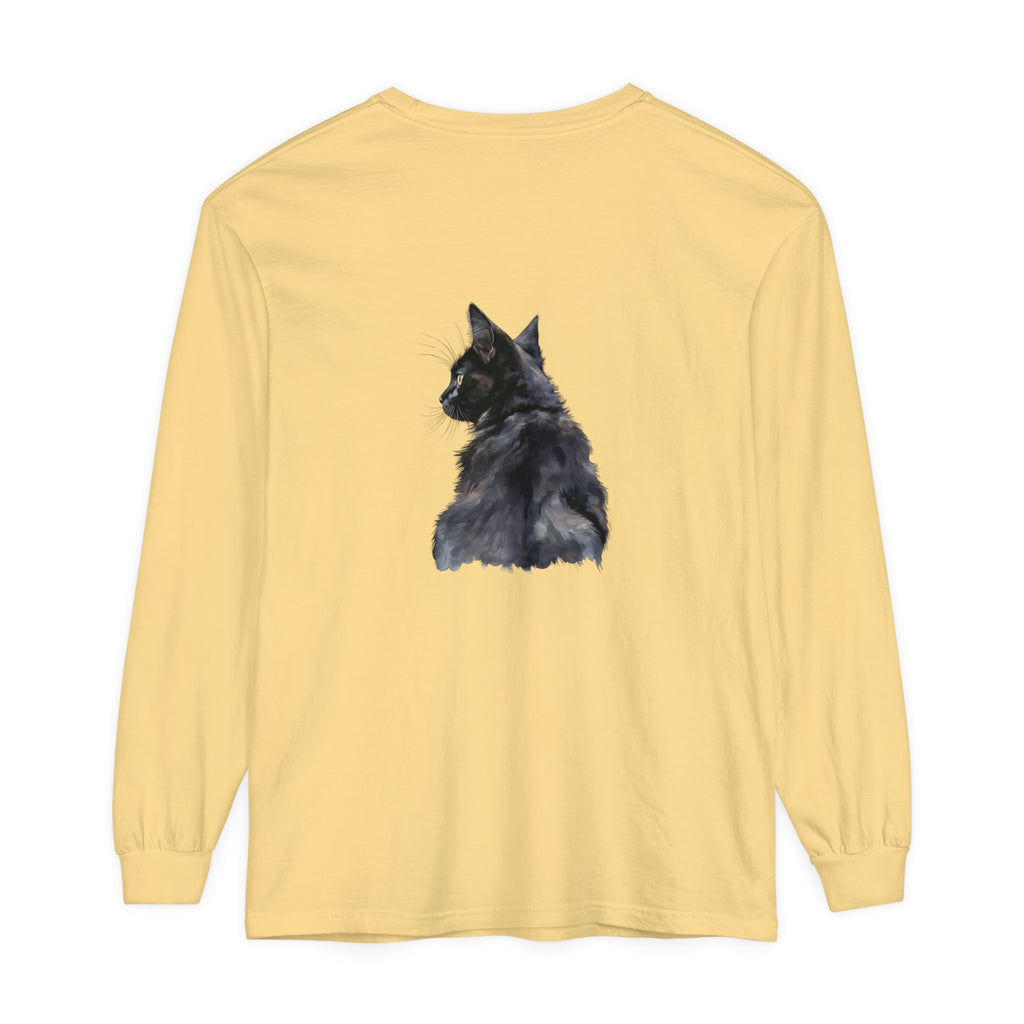 Long sleeve black cat watercolor printed t-shirt with vibrant colors