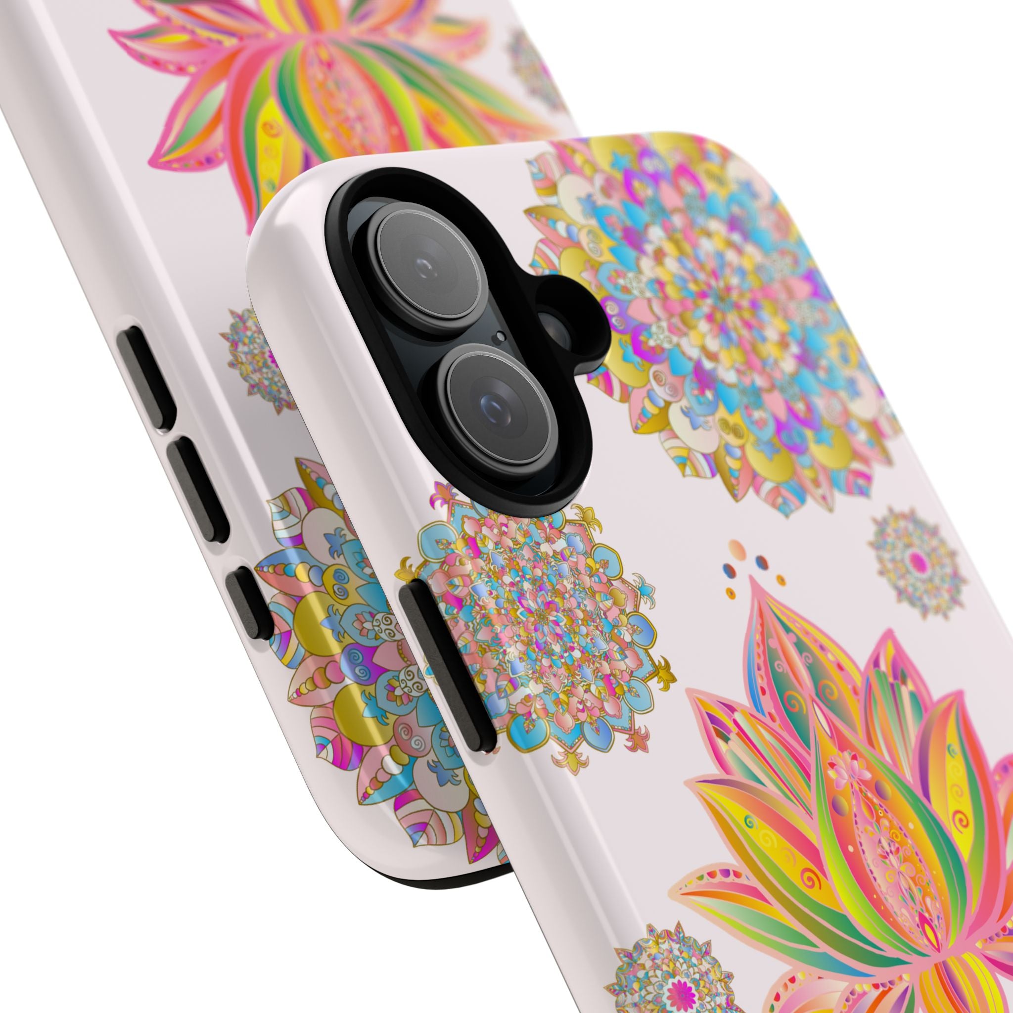 A light pink phone case with a beautiful mandala design featuring a lotus flower