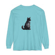 Black Cat Mystery unisex long sleeve tee featuring a haunting black cat design