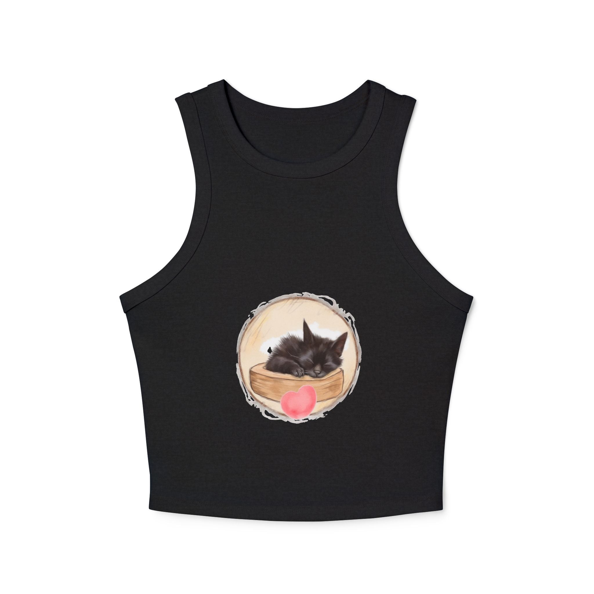 Adorable tank top featuring a sleeping kitten with pink bow