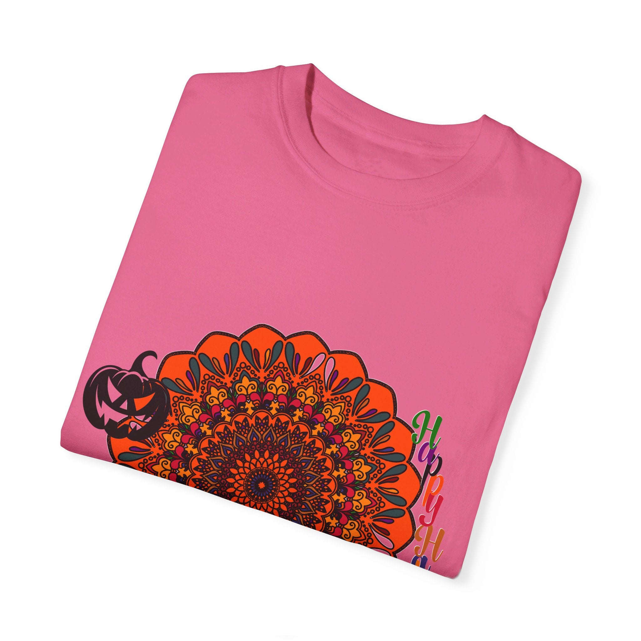 Unisex Halloween Mandala T-shirt featuring handmade Pumpkin Mandala art on a garment-dyed tee