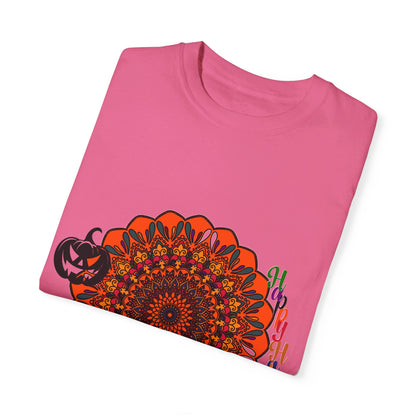 Unisex Halloween Mandala T-shirt featuring handmade Pumpkin Mandala art on a garment-dyed tee