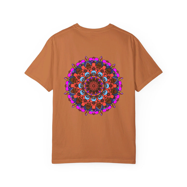 Unisex mandala t-shirt made of 100% ring-spun cotton, featuring hand-drawn mandala art and garment-dyed for extra comfort