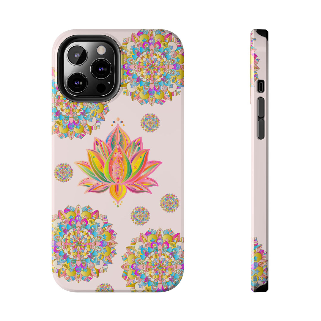 Beautiful light pink phone case featuring a lotus flower mandala design