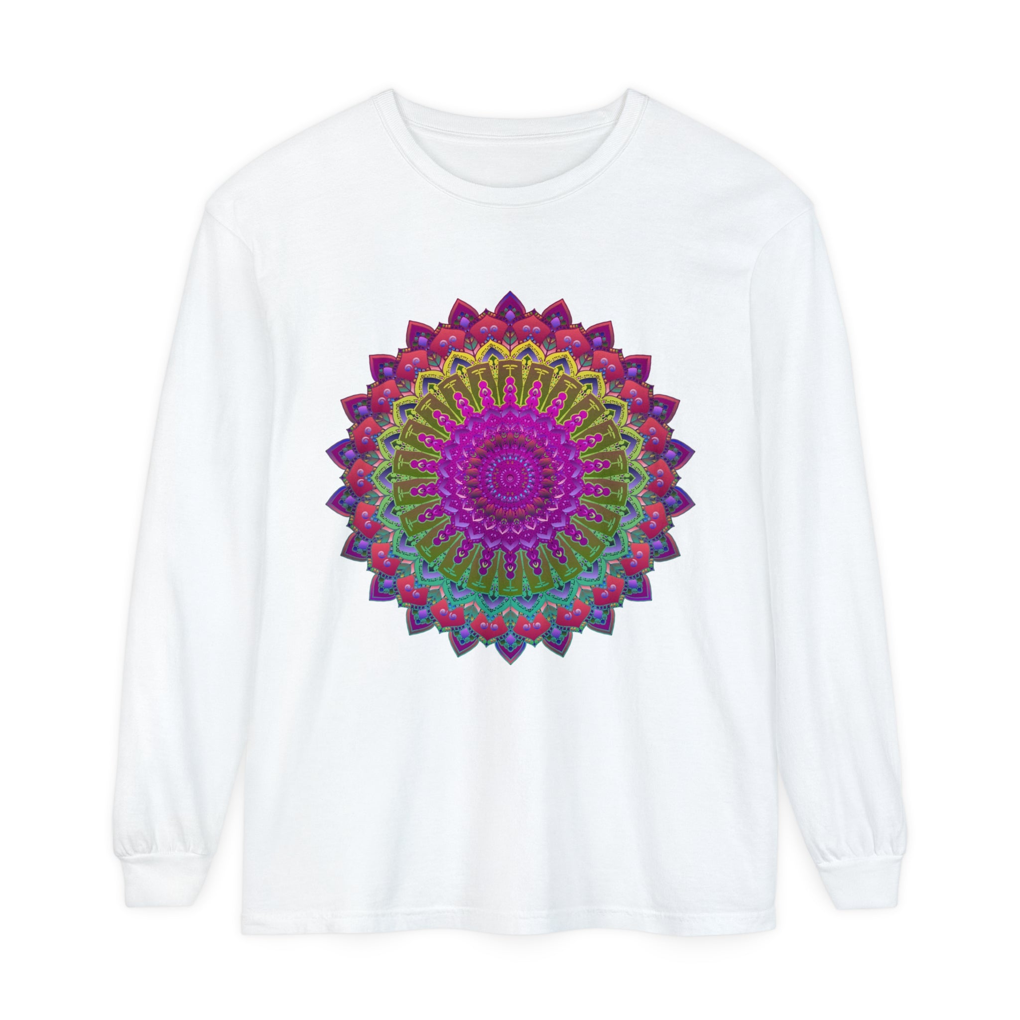 Close-up of Vibrant Mandala Unisex Long Sleeve T-Shirt Design on Black Background