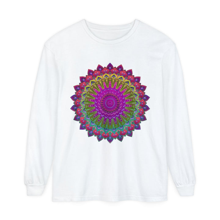 Close-up of Vibrant Mandala Unisex Long Sleeve T-Shirt Design on Black Background