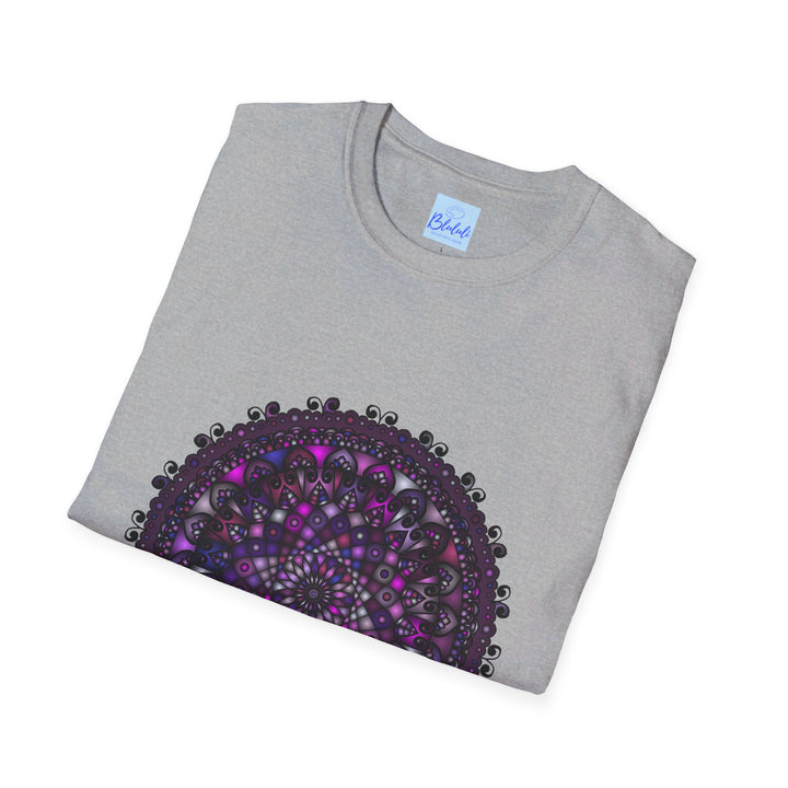 Vibrant and detailed hand-drawn purple mandala art on a softstyle unisex t-shirt