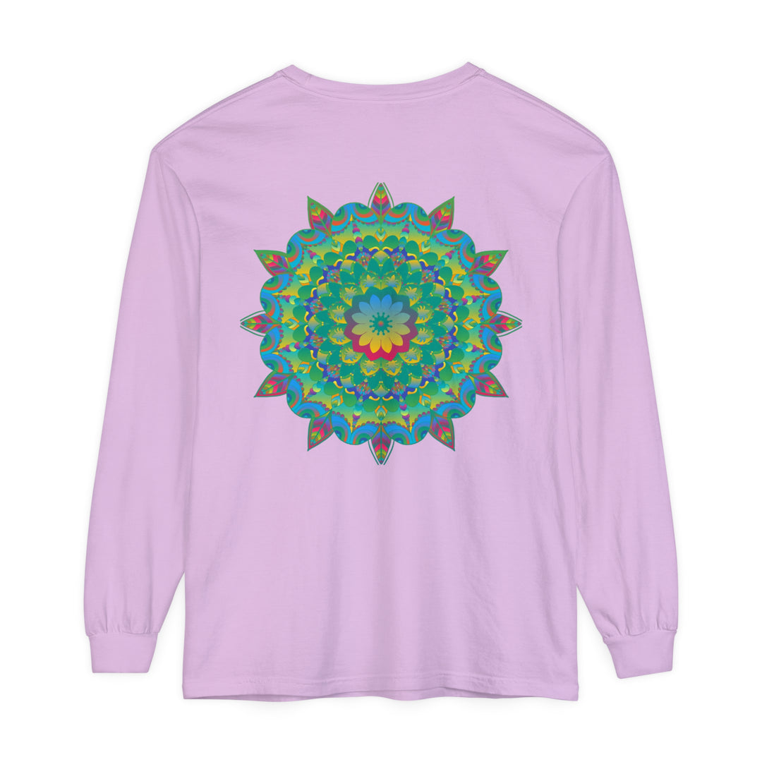 Colorful and intricate psychedelic mandala design printed on a long sleeve t-shirt