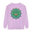 Colorful and intricate psychedelic mandala design printed on a long sleeve t-shirt