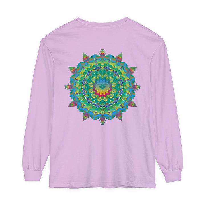 Colorful and intricate psychedelic mandala design printed on a long sleeve t-shirt