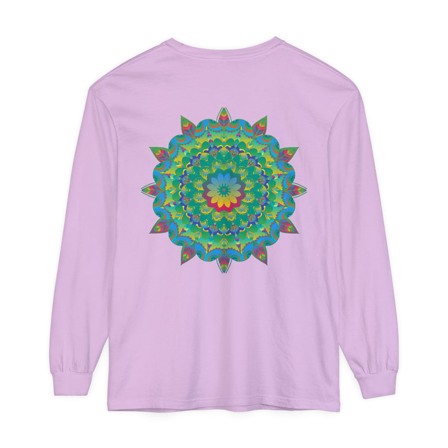 Colorful and intricate psychedelic mandala design printed on a long sleeve t-shirt