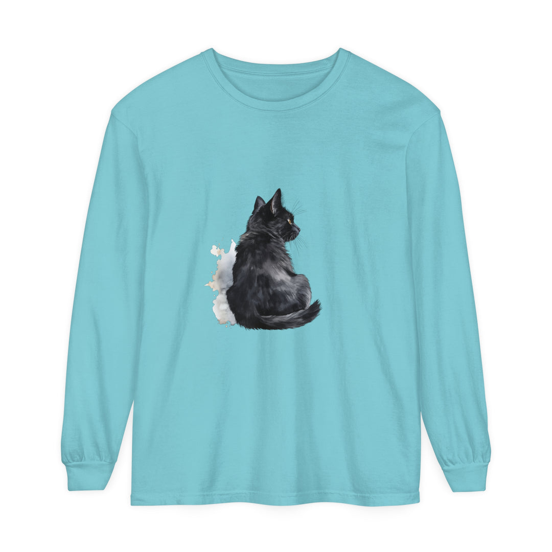 Black Cat Watercolor long sleeve t-shirt featuring unisex design for all