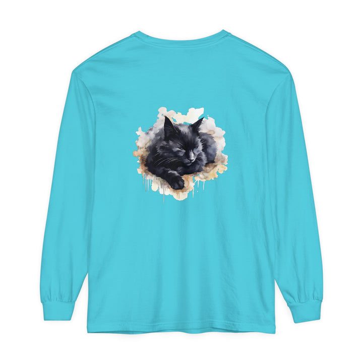 Beautiful watercolor illustration of a sleeping black cat on a comfortable t-shirt