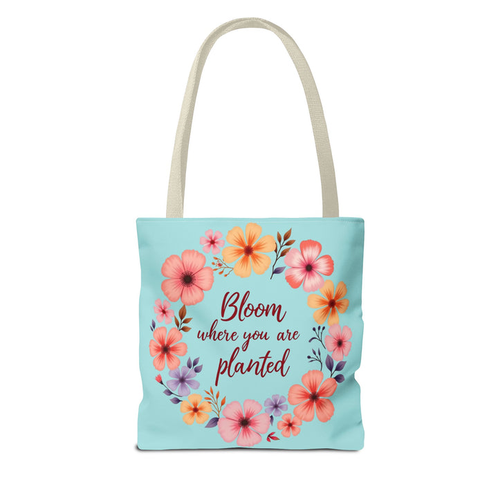 Beautiful floral tote bag with the inspiring quote 'Bloom Where You Are Planted' available in three different sizes