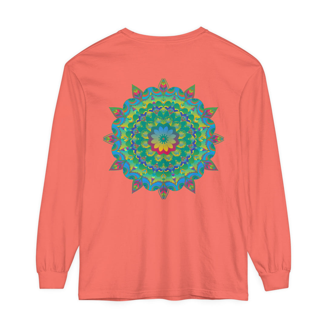 Colorful and intricate Psychedelic Mandala Long Sleeve T-Shirt design on black fabric