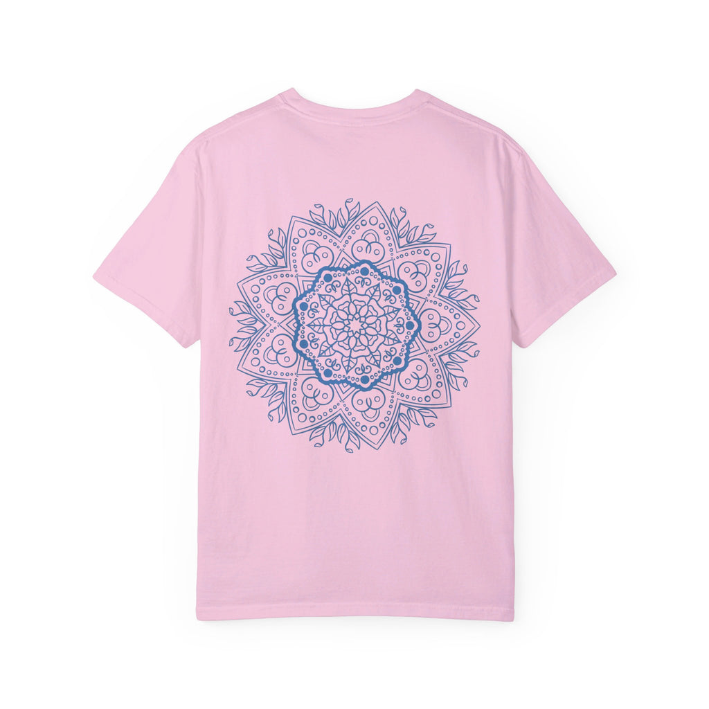 Unisex Mandala Tshirt, featuring a handmade mandala design, garment-dyed for a unique look