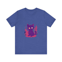 A whimsical purple t-shirt featuring a mysterious cat design